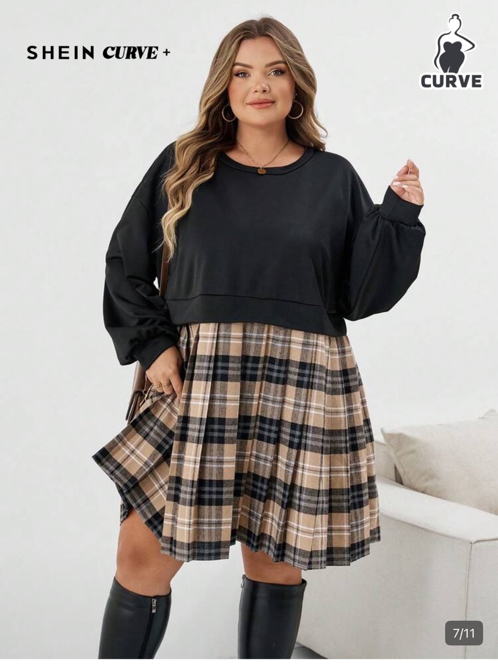 SHEIN One Piece Sweatshirt Dress Beige Plaid Bottom